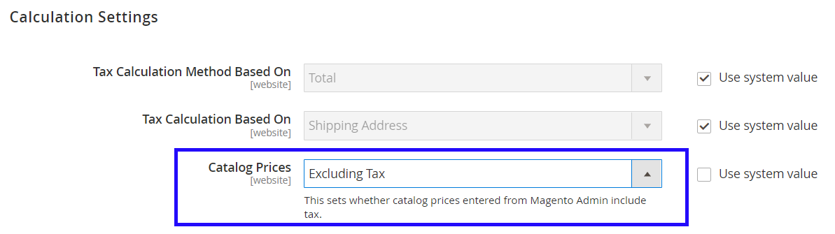 Calculation settings. Excluding Tax