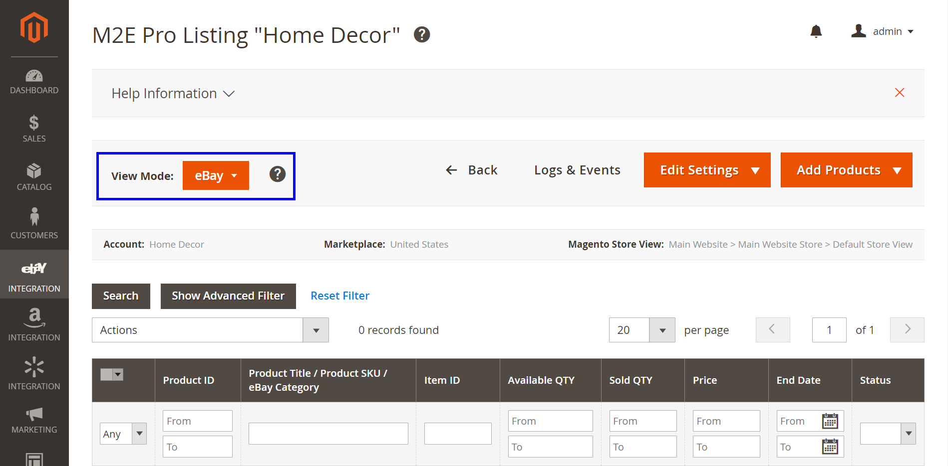 Listing View Mode eBay Integration