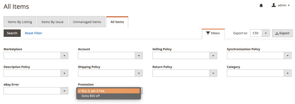 M2E Pro Tutti gli oggetti Filtro promozione eBay