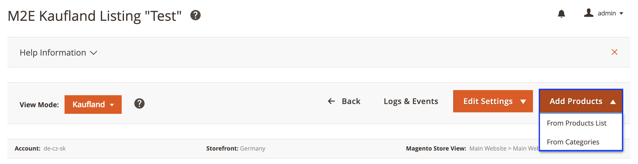 M2E Kaufland Add Products drop down menu
