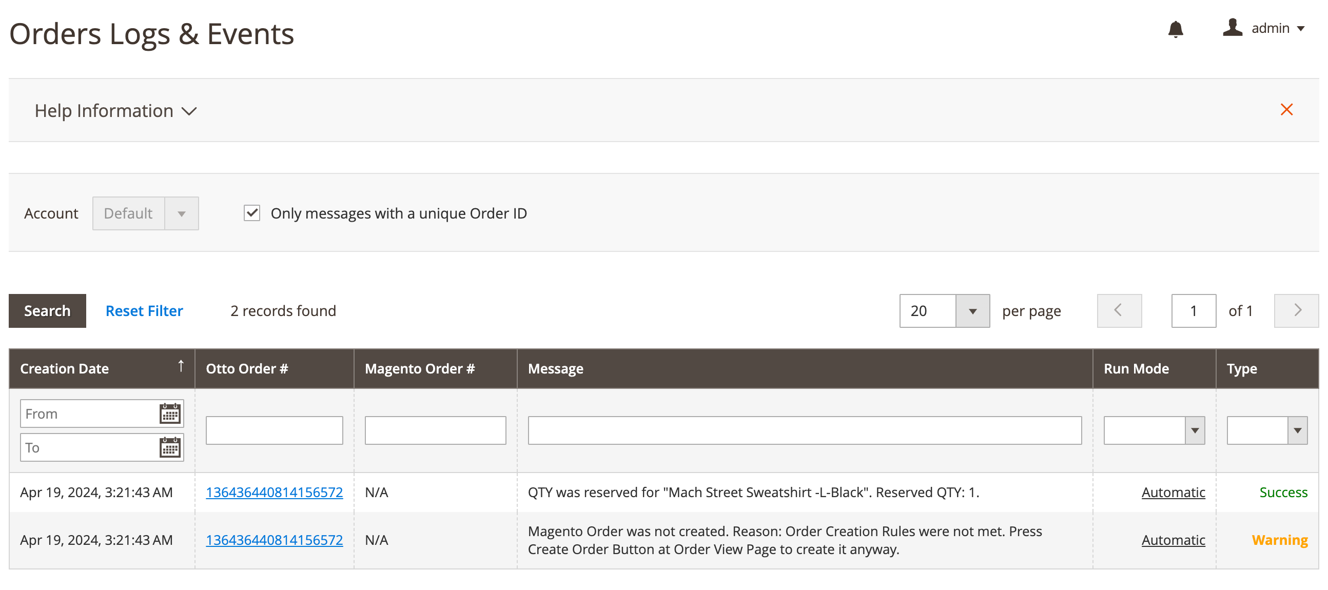 M2E OTTO Orders Logs Events