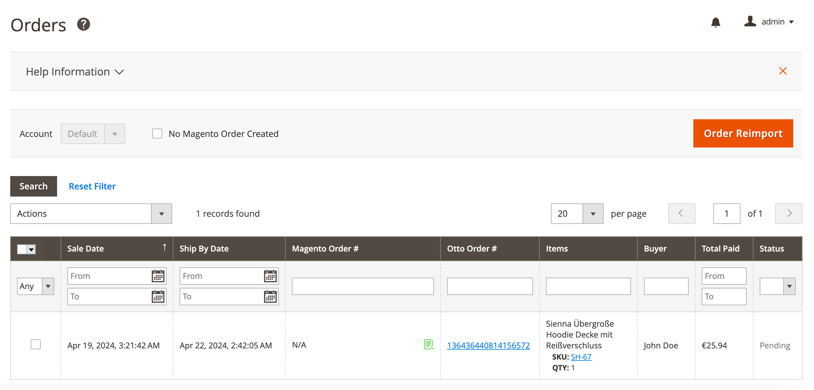 M2E OTTO Bestellseite