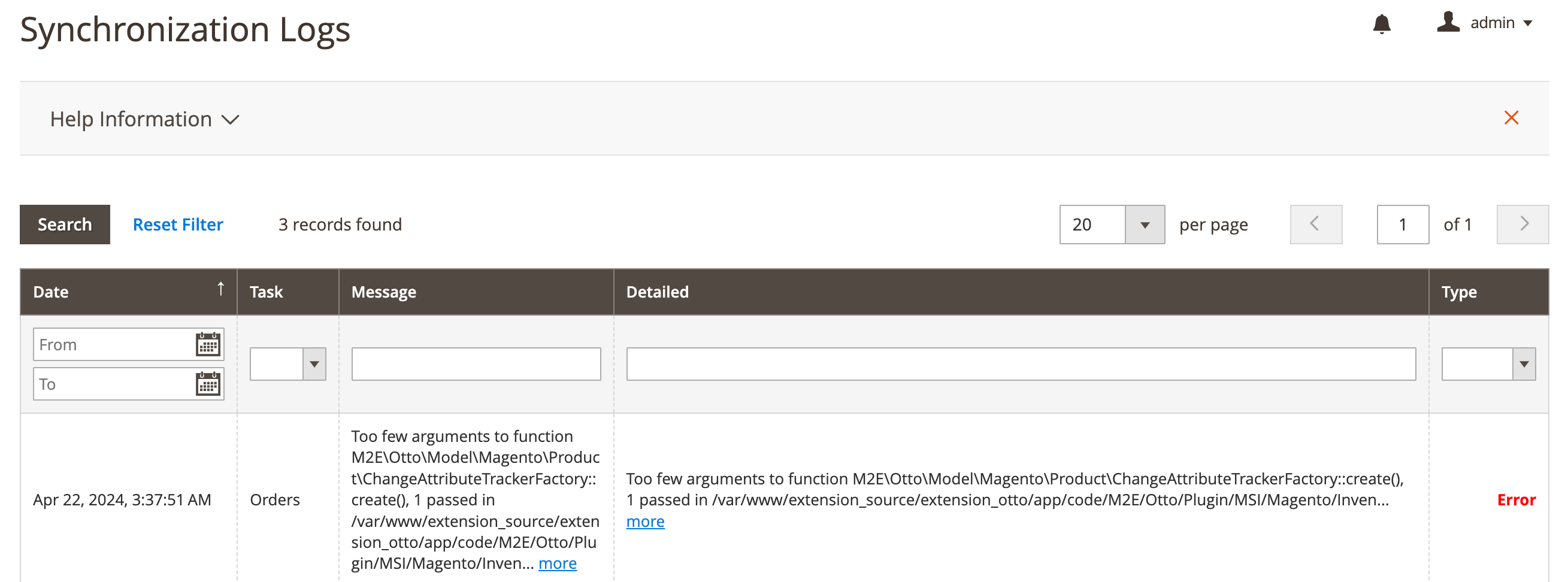 M2E OTTO Synchronization Logs