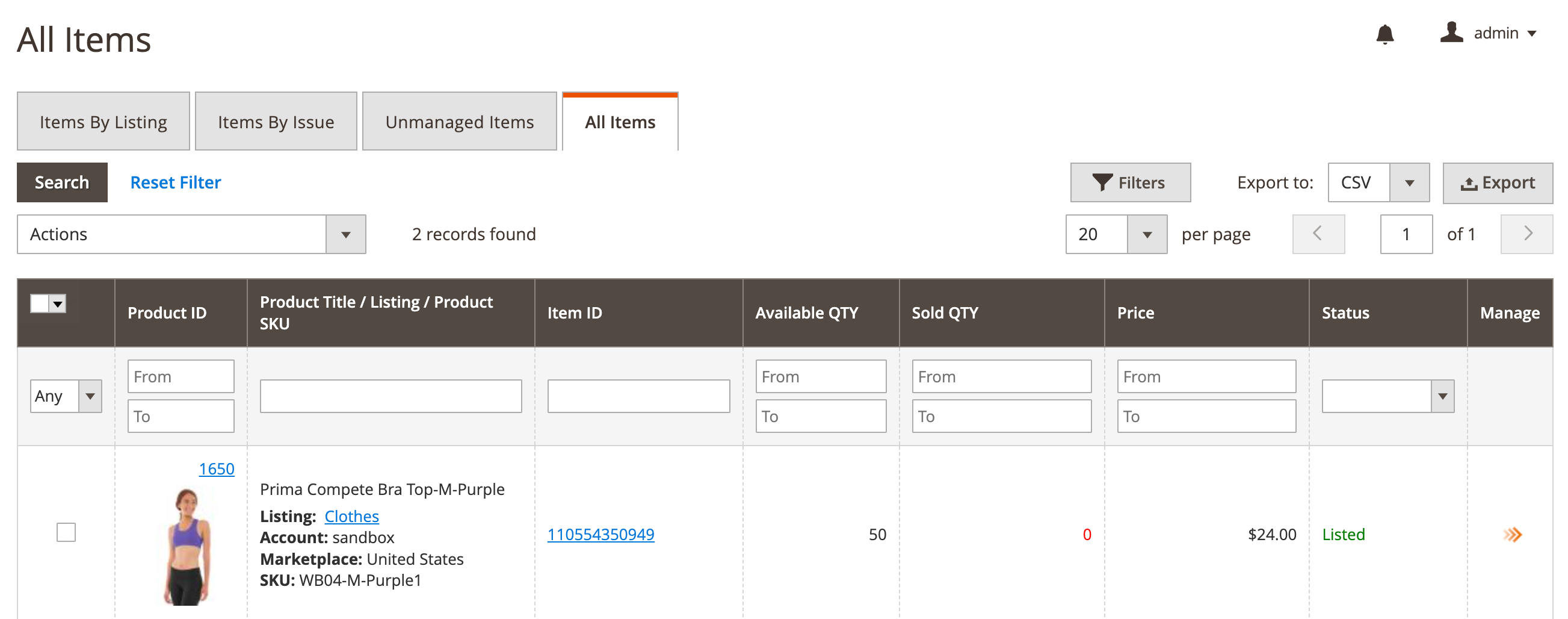 M2E Pro eBay All Items grid