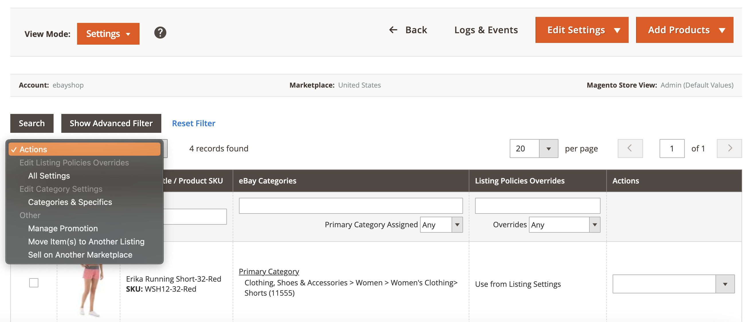 M2E Pro eBay Settings View Mode Bulk Actions
