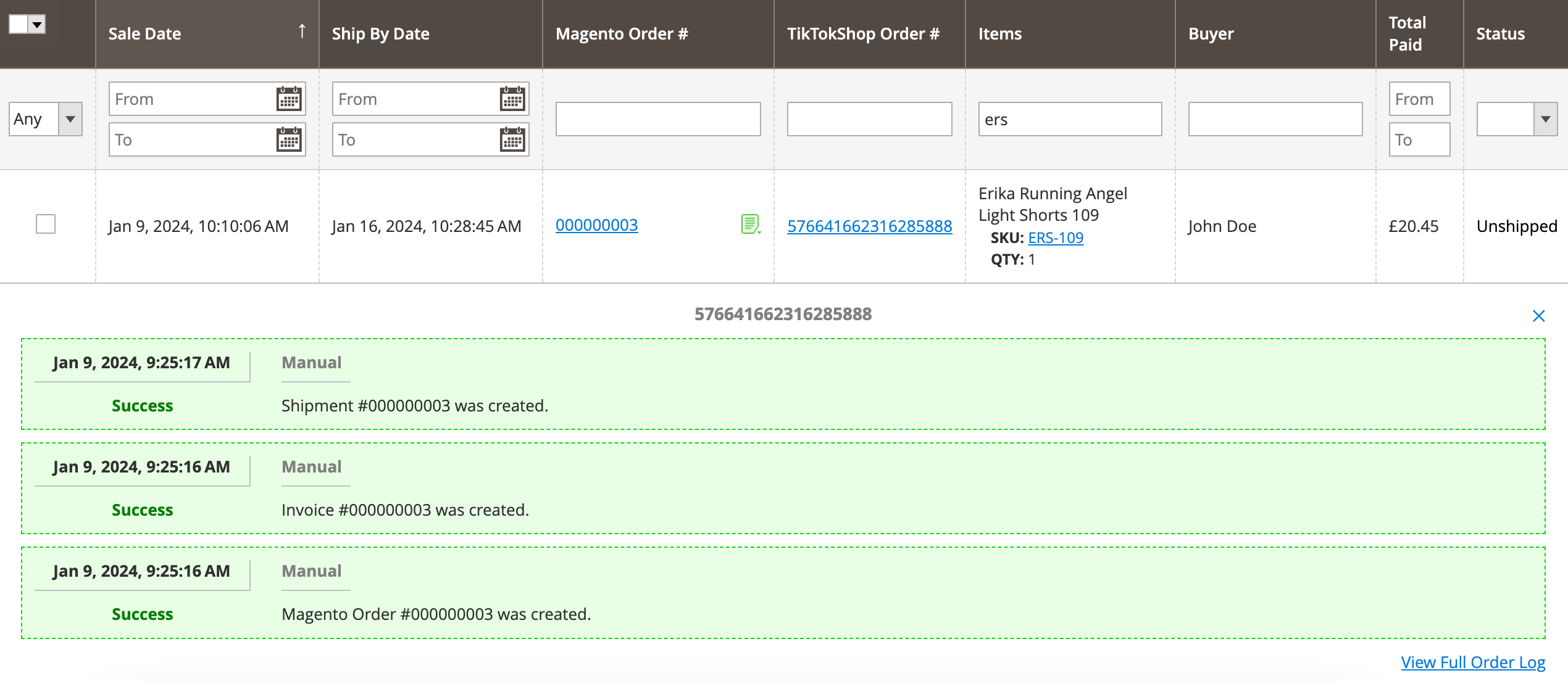 M2E TTS Magento order logs