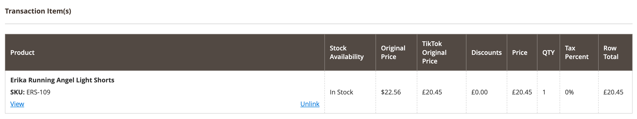 M2E TTS Order transaction items