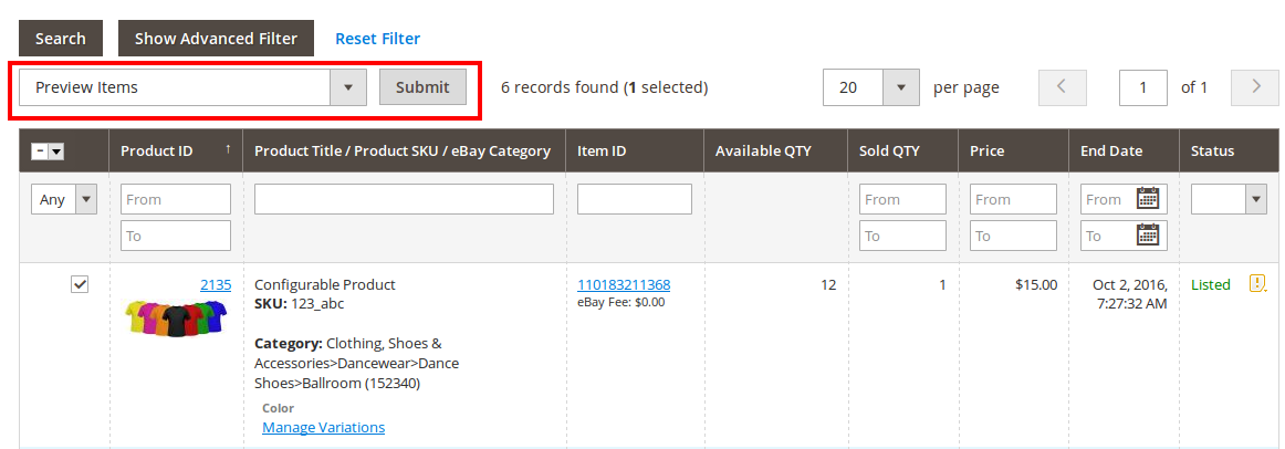 Preview Items on eBay action