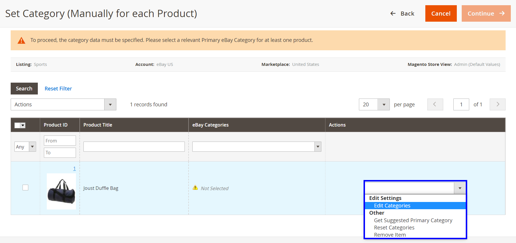 Set Category (Manually for each Product) eBay m2