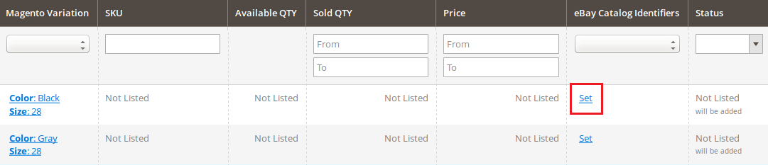 Set eBay catalog identifiers for variations