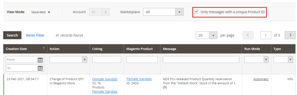 Filtry dziennika integracji M2E Pro Amazon