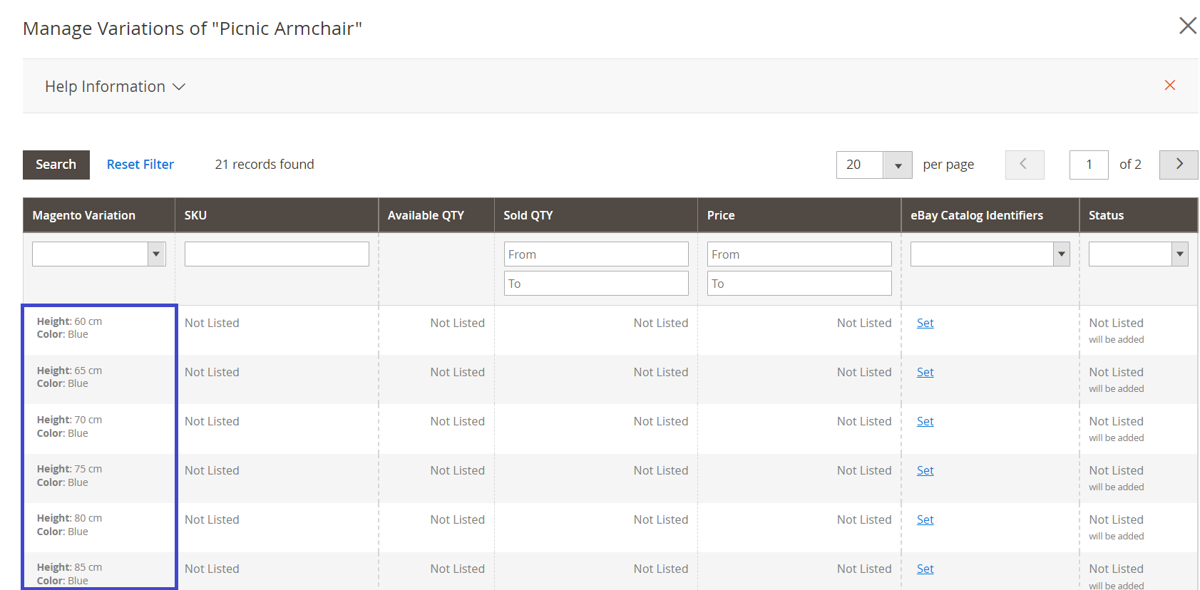Produit simple avec options personnalisées Gérer les variantes