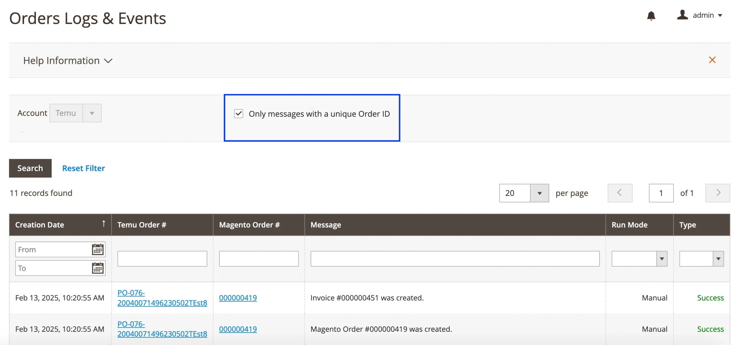 Filtry dziennika M2E Temu Connect