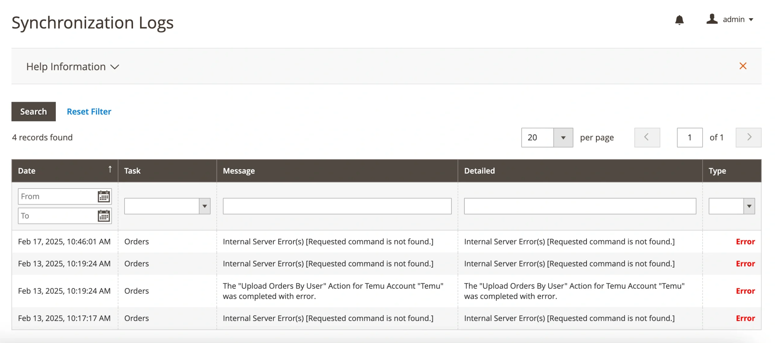 Dzienniki synchronizacji M2E Temu Connect