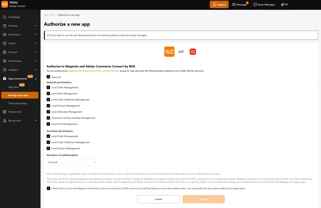 Authorize M2E Temu Connect