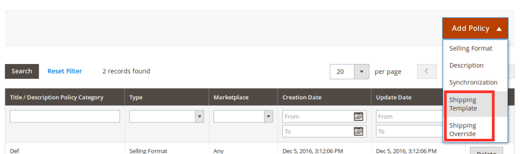 Amazon Shipping Policy configurations