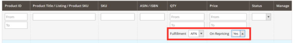 Filters by Fulfillment and On Repricing options