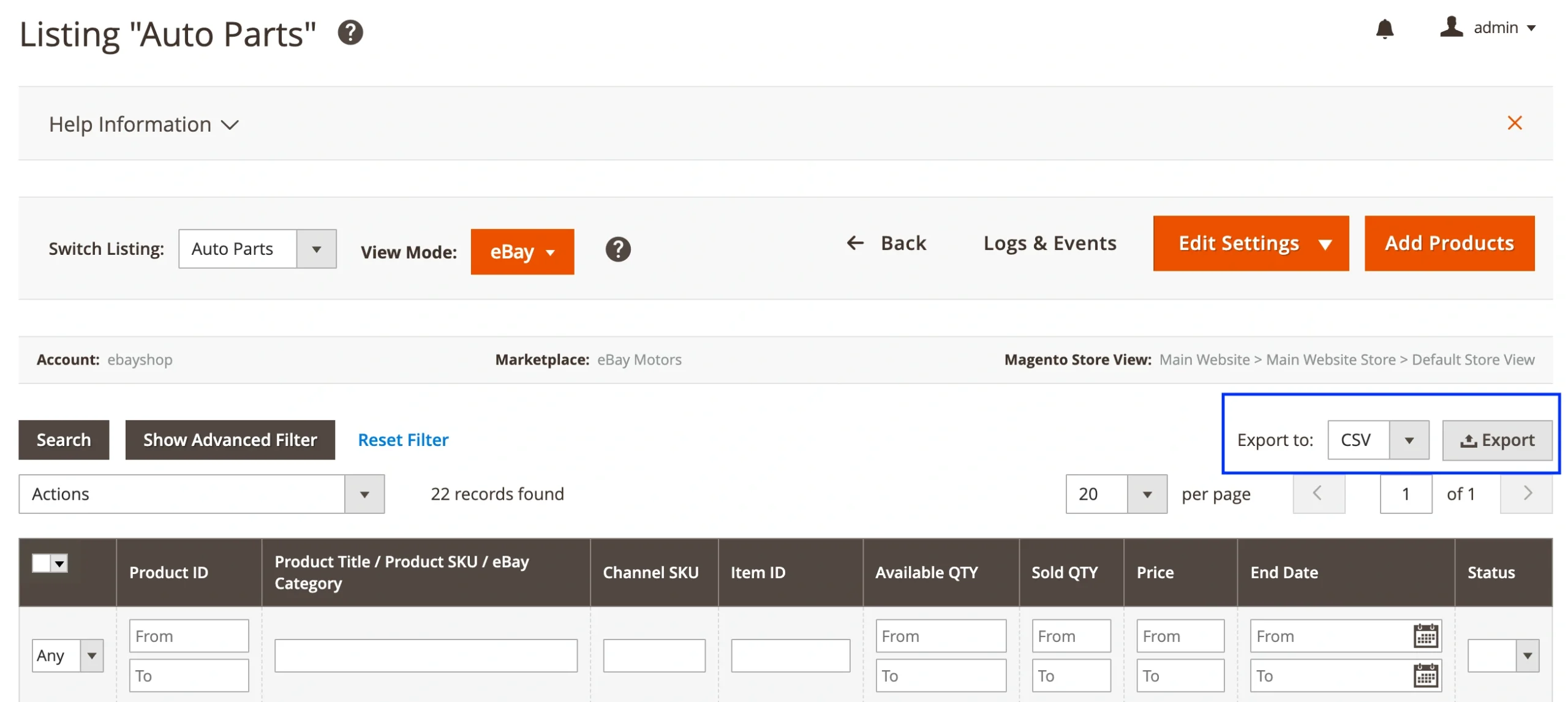 M2E Pro eBay Product Export Magento from Listing