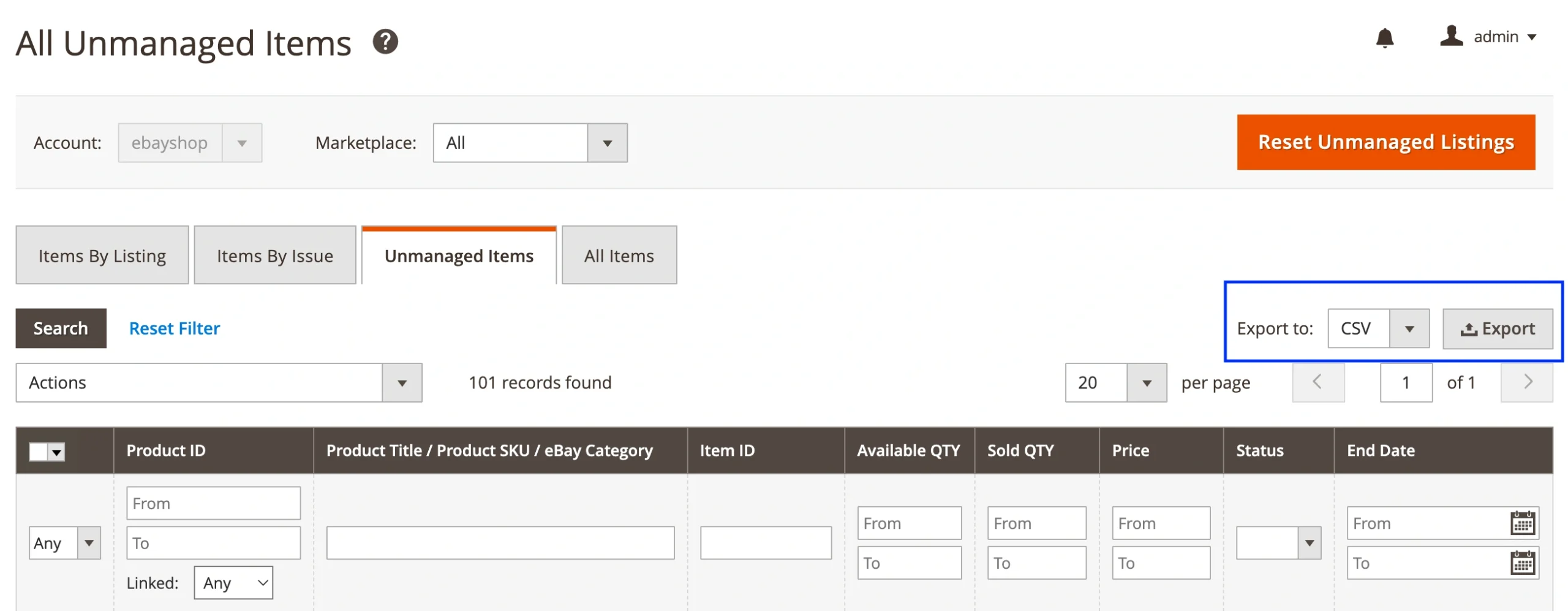 M2E Pro eBay Product Export Magento from Unmanaged Items