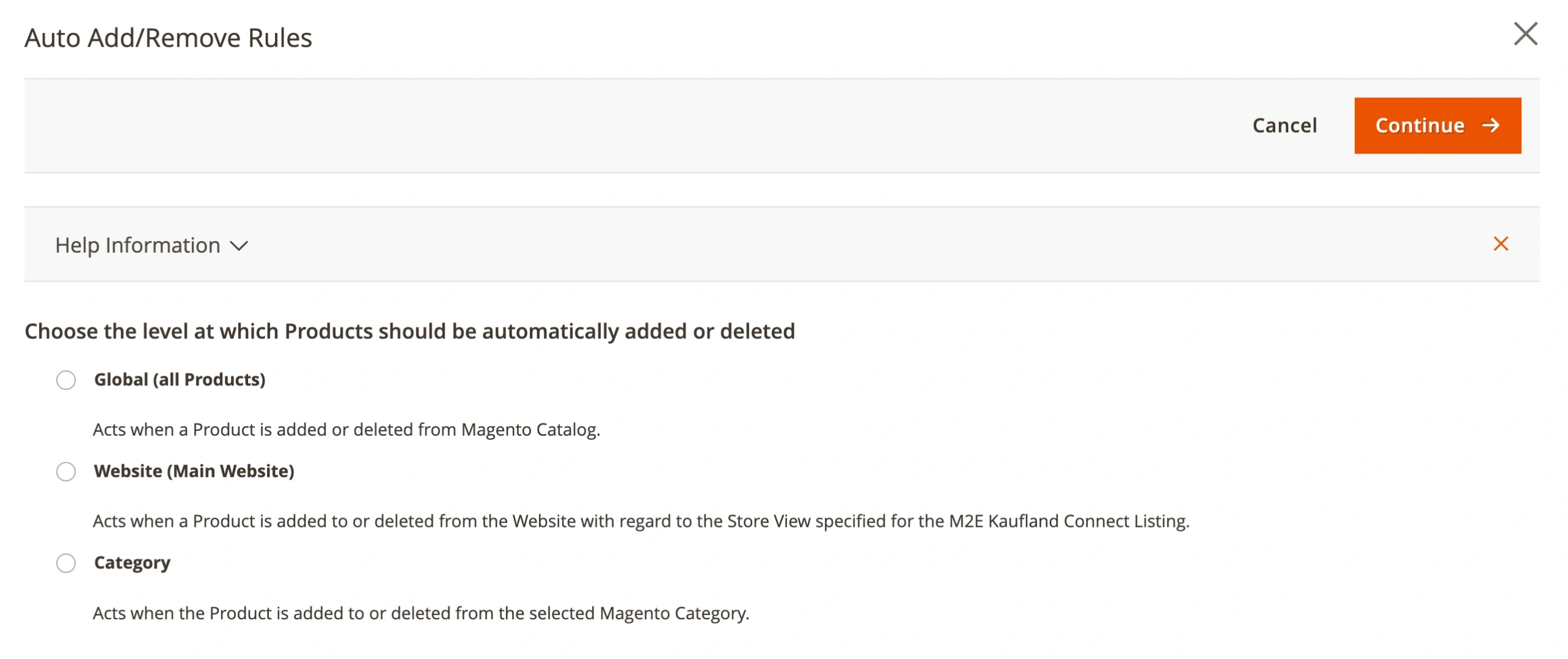 M2E Connect Kaufland Auto Aggiungi Rimuovi Regole