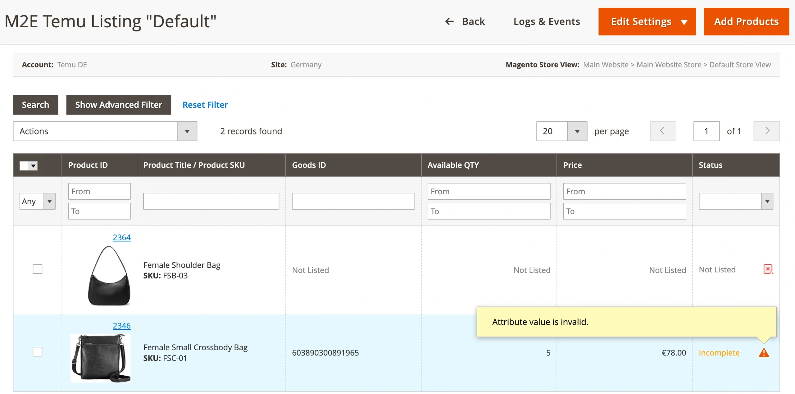 M2E Connect View Reasons for Incomplete Temu Listings