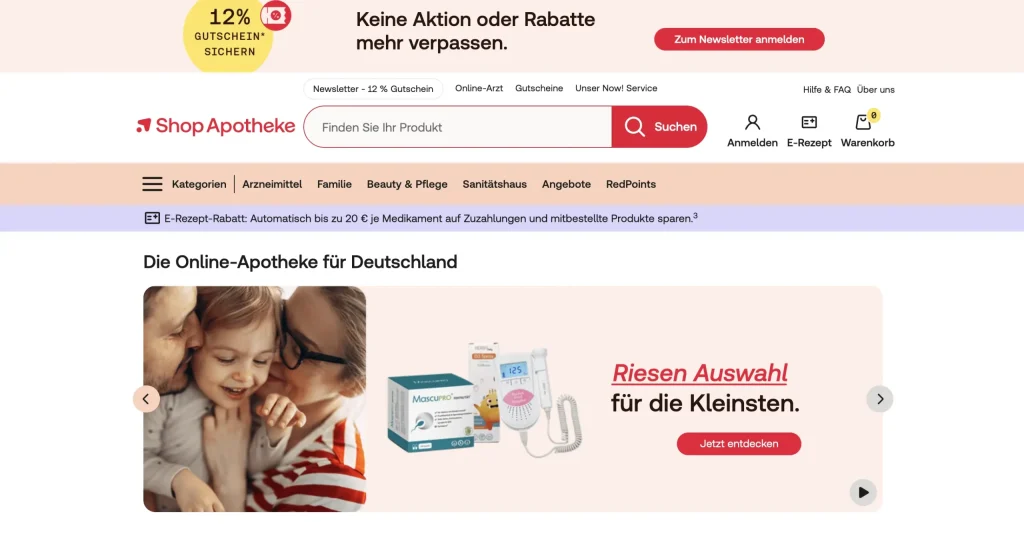 Page d'accueil de Shop Apotheke