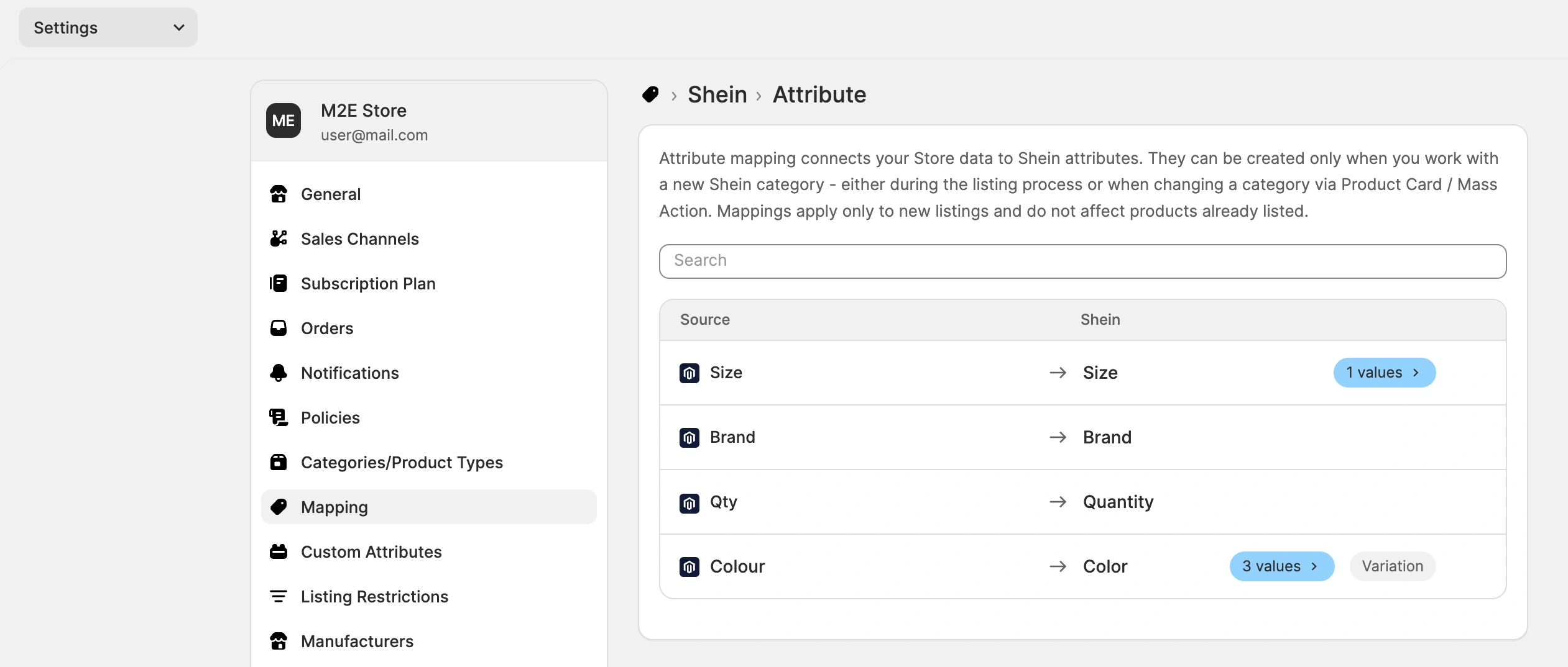 Magento Shein Attribute Mapping Settings